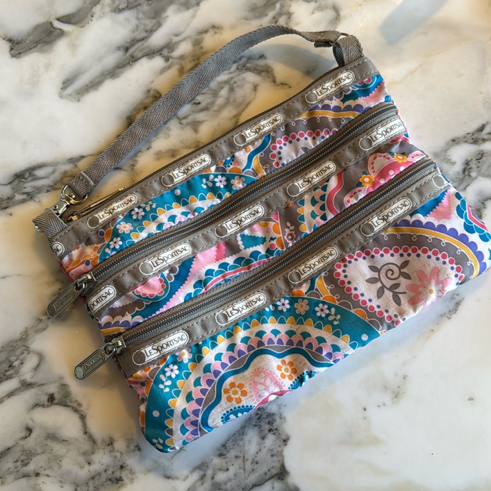 LeSportsac Multicolor Paisley Triple Zip Wristlet Cosmetic Makeup Pouch